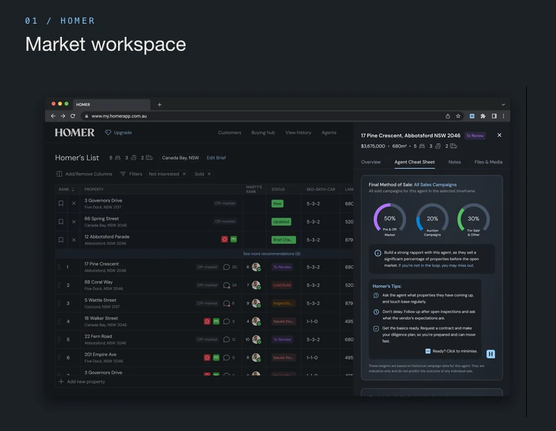 Homer desktop property research workspace